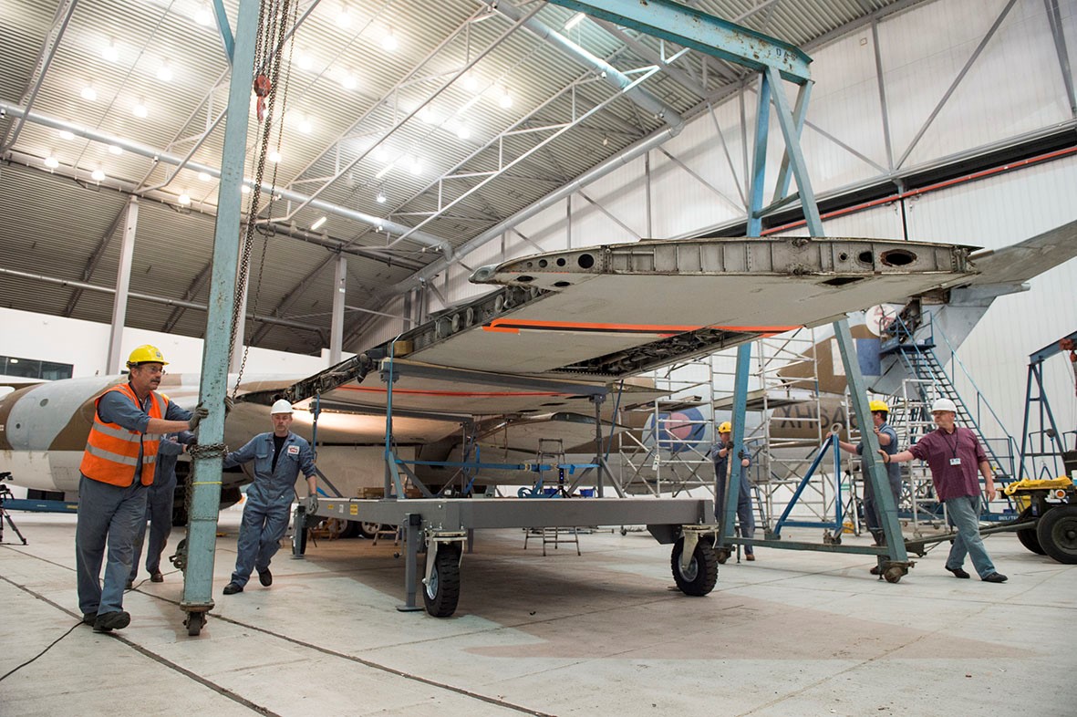 Handley Page Victor aircraft wing restoration in hangar.